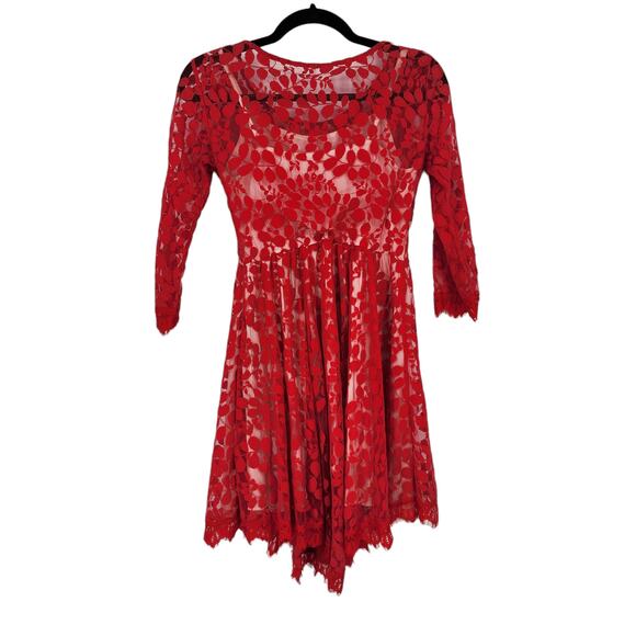 Free People Floral Lace Embroidered Scalloped Lace Dress with Slip Dress Size 6 - Picture 2 of 7